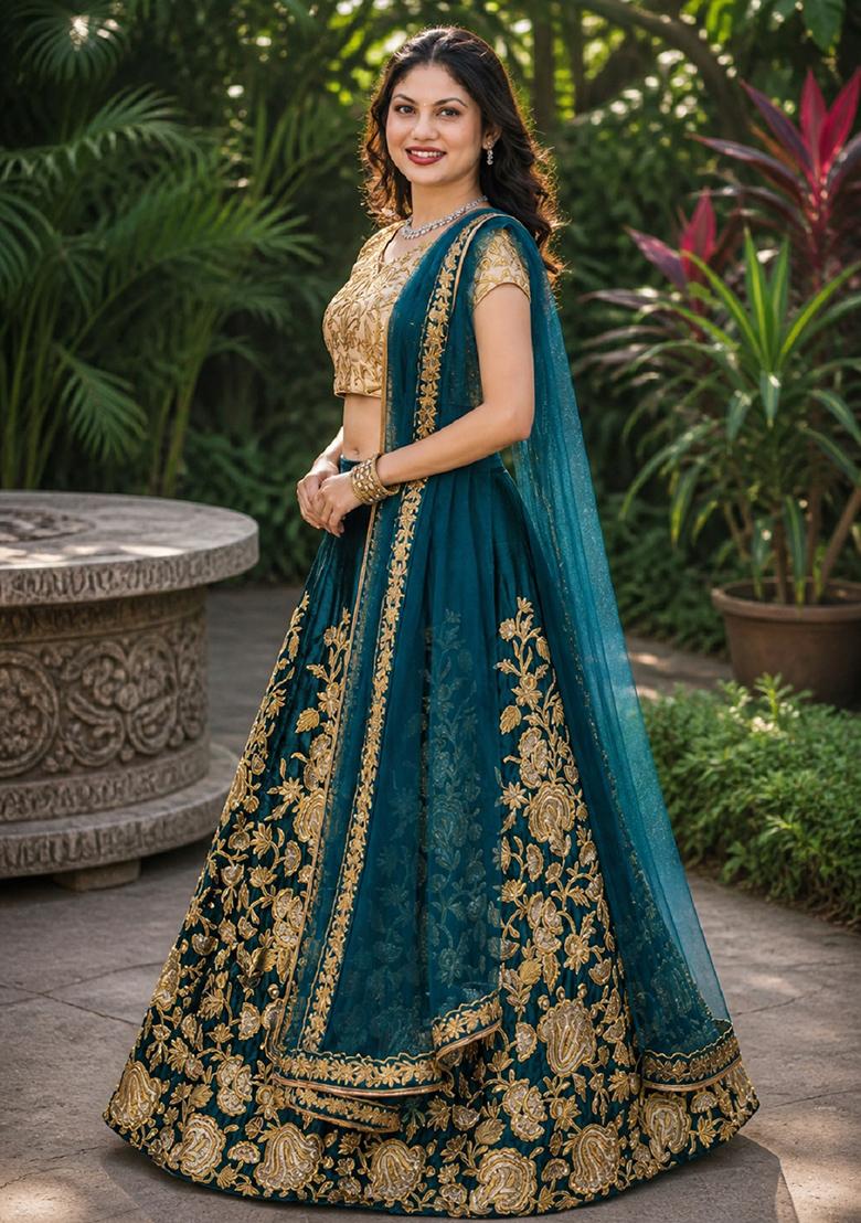 Turquoise Embroidery Velvet Lehenga Set - Indya