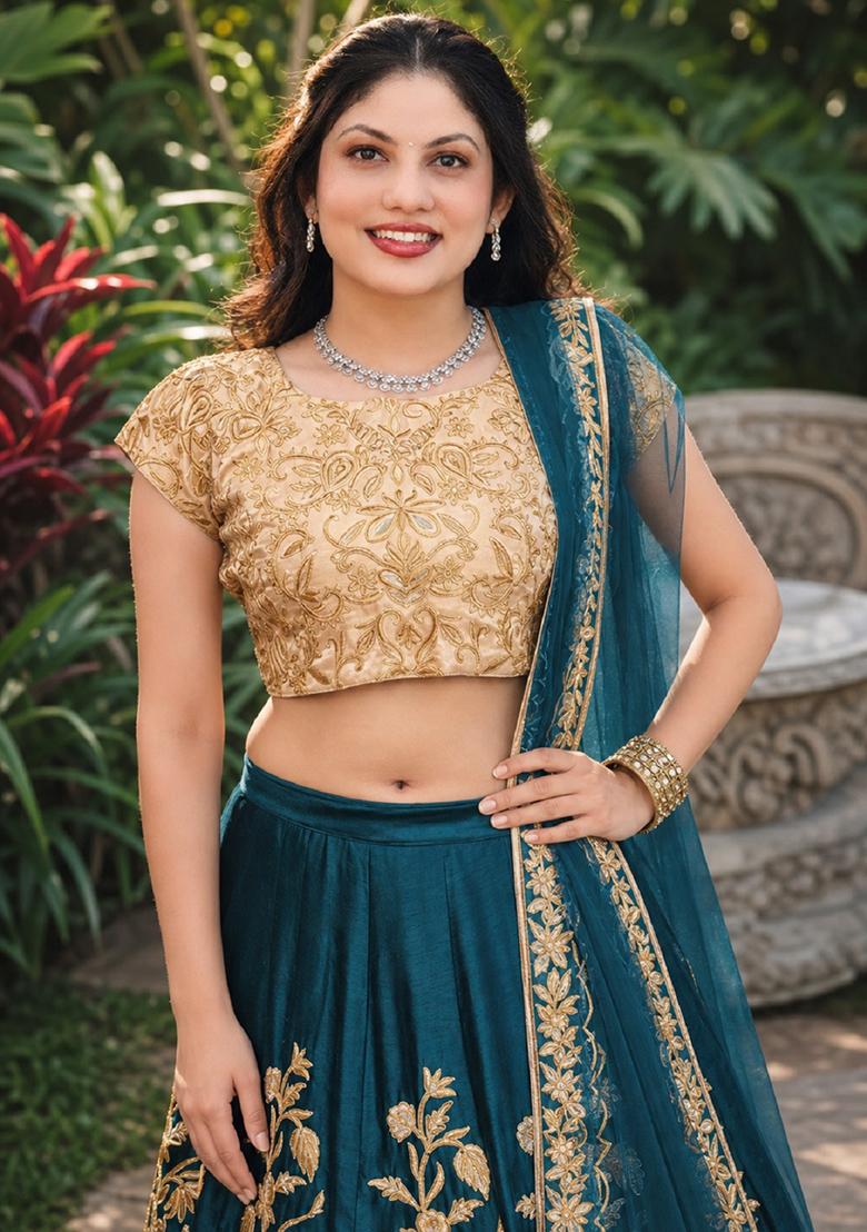 Turquoise Embroidery Velvet Lehenga Set - Indya