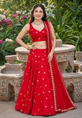 Red Embroidery Silk Lehenga Set