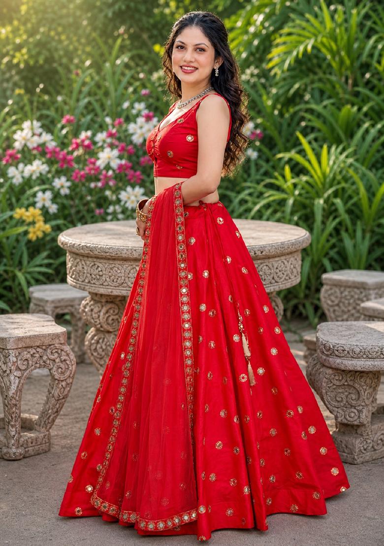 Red Embroidery Silk Lehenga Set - Indya