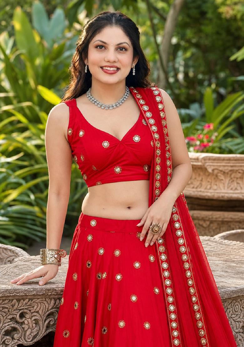Red Embroidery Silk Lehenga Set - Indya