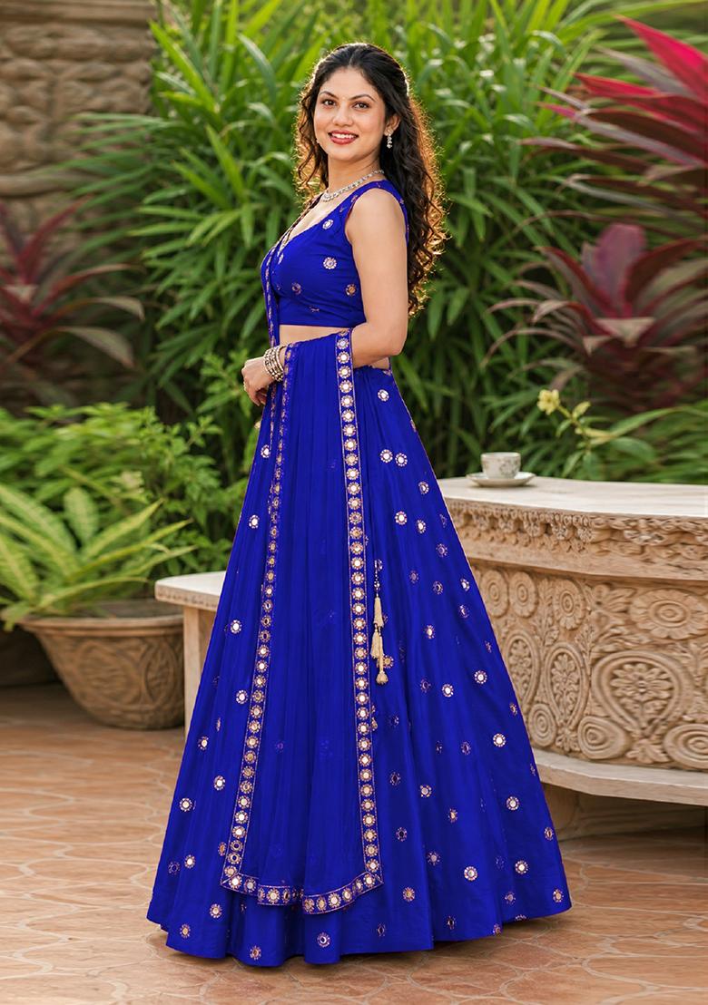 Light Blue Embroidery Silk Lehenga Set - Indya