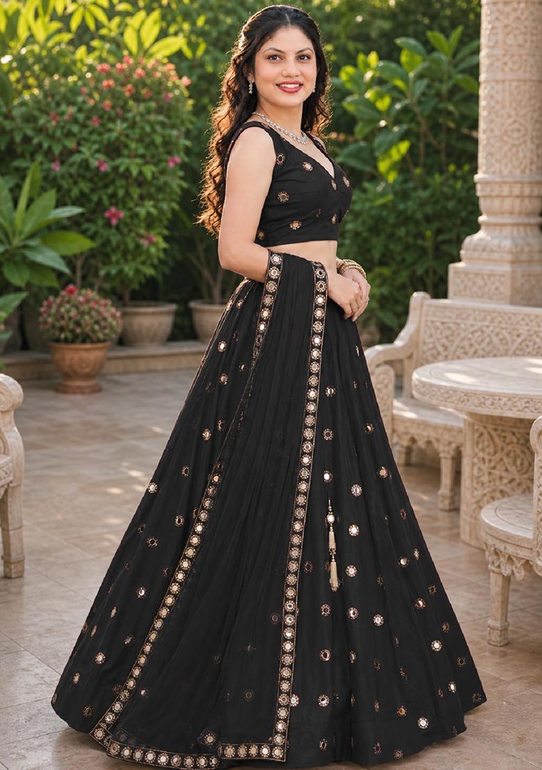 Black Embroidery Silk Lehenga Set - Indya