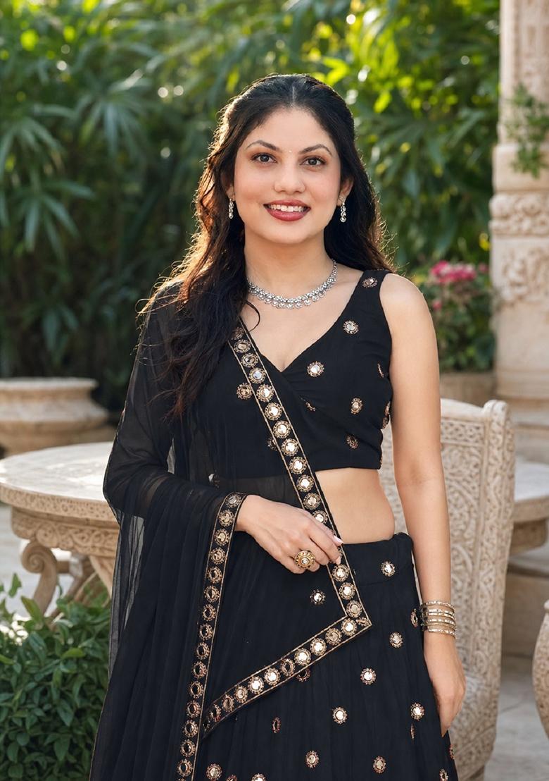 Black Embroidery Silk Lehenga Set - Indya
