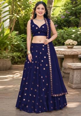 Navy Blue Embroidery Silk Lehenga Set