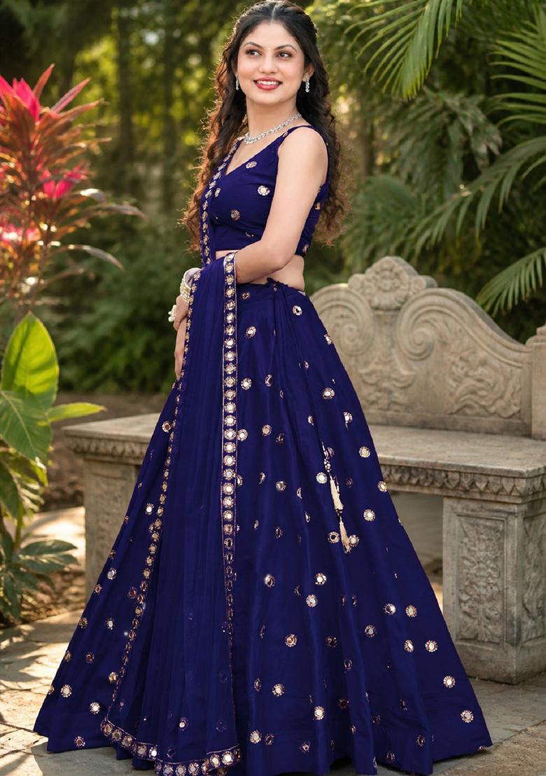 Navy Blue Embroidery Silk Lehenga Set - Indya