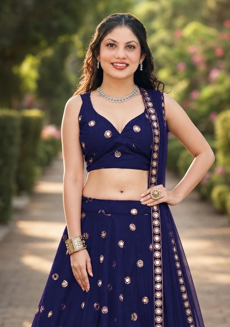 Navy Blue Embroidery Silk Lehenga Set - Indya