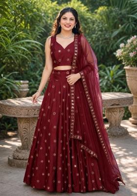 Maroon Embroidery Silk Lehenga Set