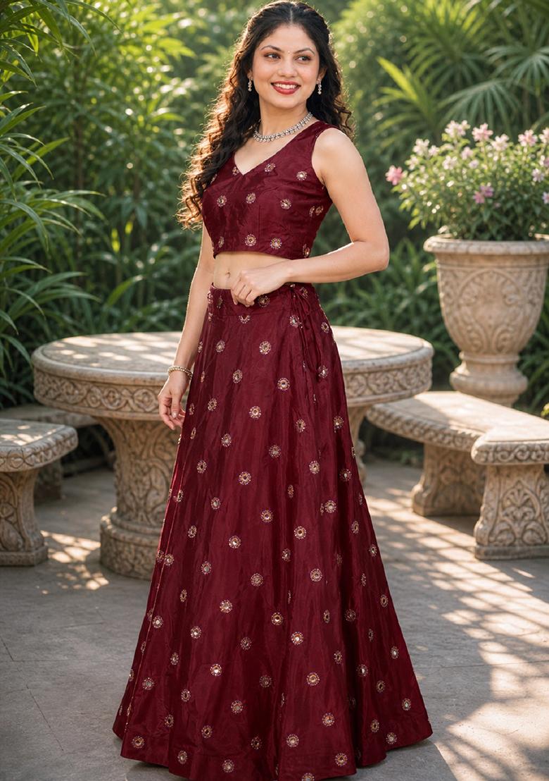 Maroon Embroidery Silk Lehenga Set - Indya