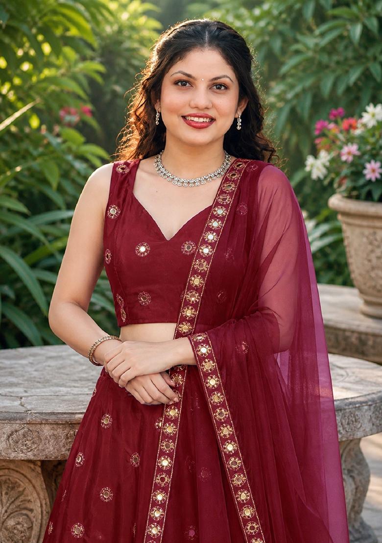 Maroon Embroidery Silk Lehenga Set - Indya