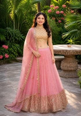 Baby Pink Embroidery Net Lehenga Set