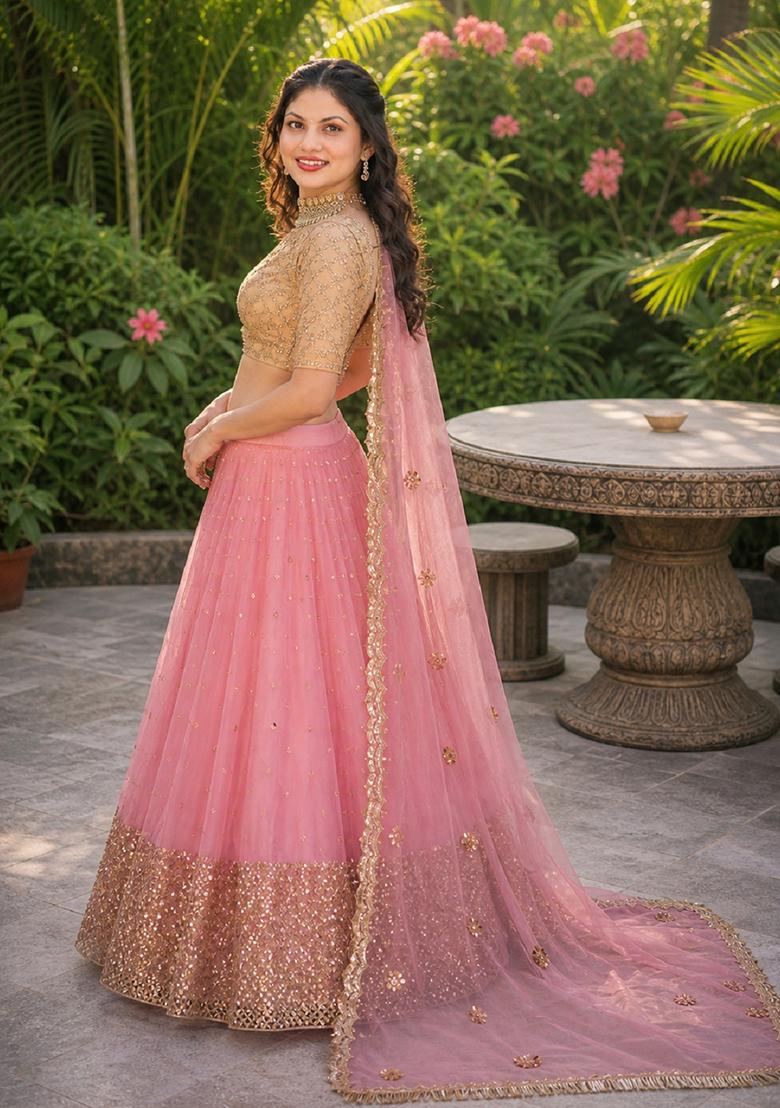 Baby Pink Embroidery Net Lehenga Set - Indya