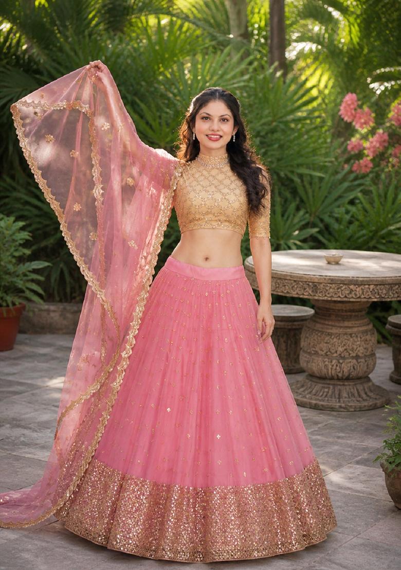 Baby Pink Embroidery Net Lehenga Set - Indya