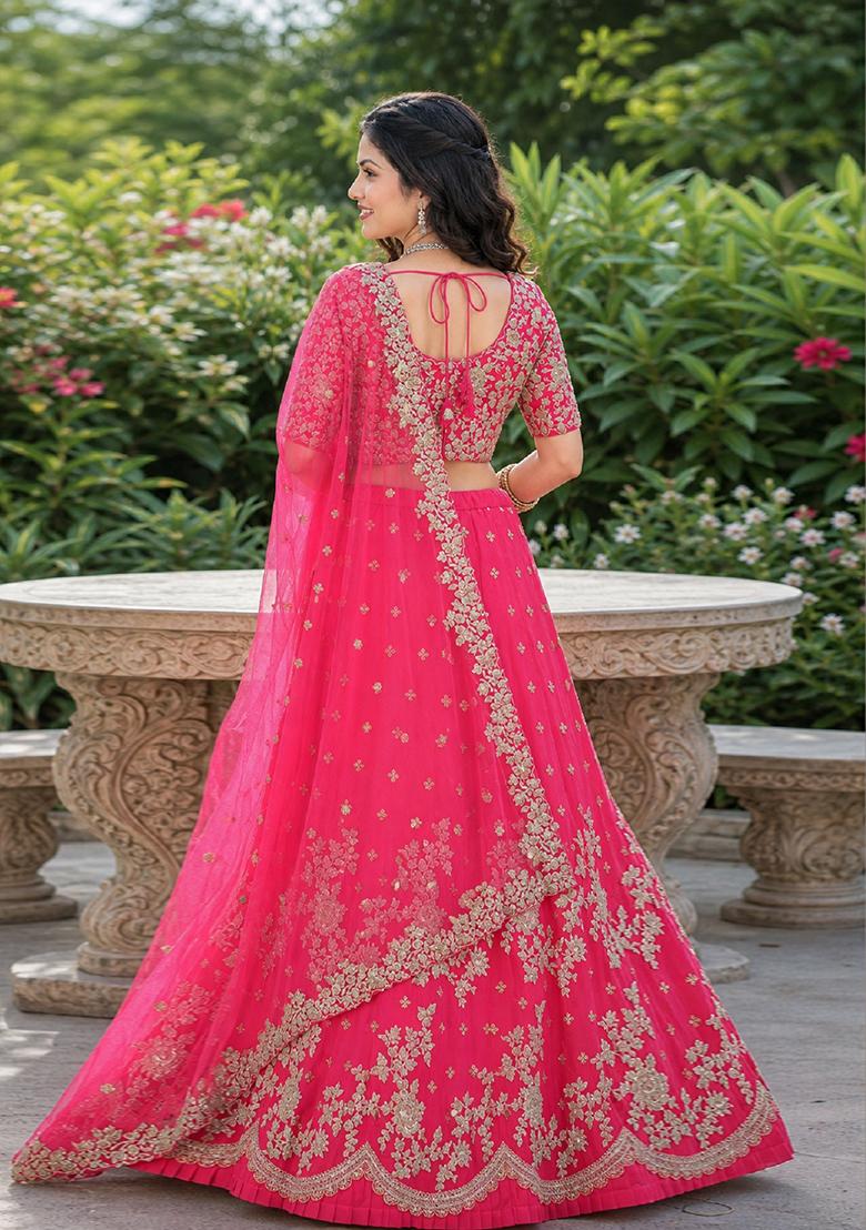 Pink Embroidery Net Lehenga Set - Indya