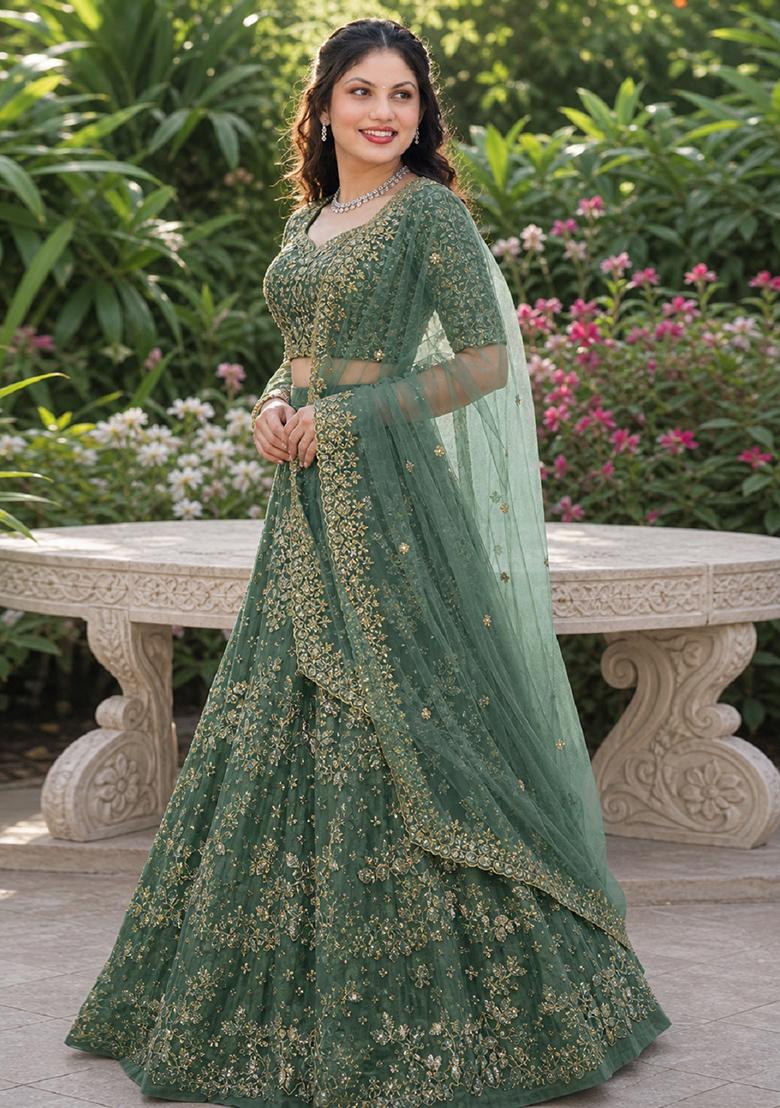 Light Green Embroidery Net Lehenga Set - Indya