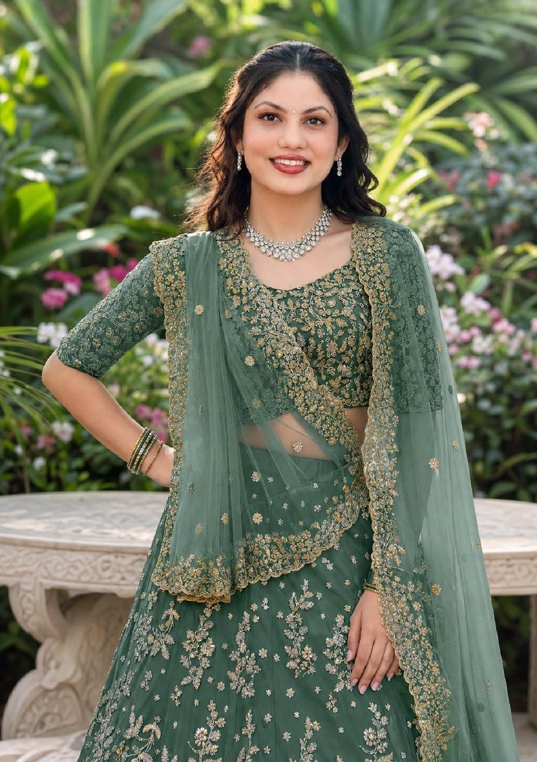 Light Green Embroidery Net Lehenga Set - Indya