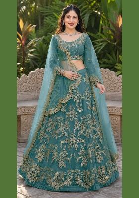 Turquoise Embroidery Net Lehenga Set