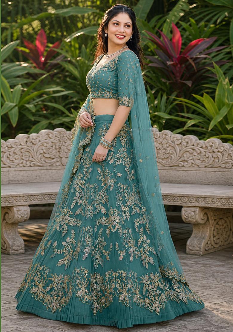 Turquoise Embroidery Net Lehenga Set - Indya