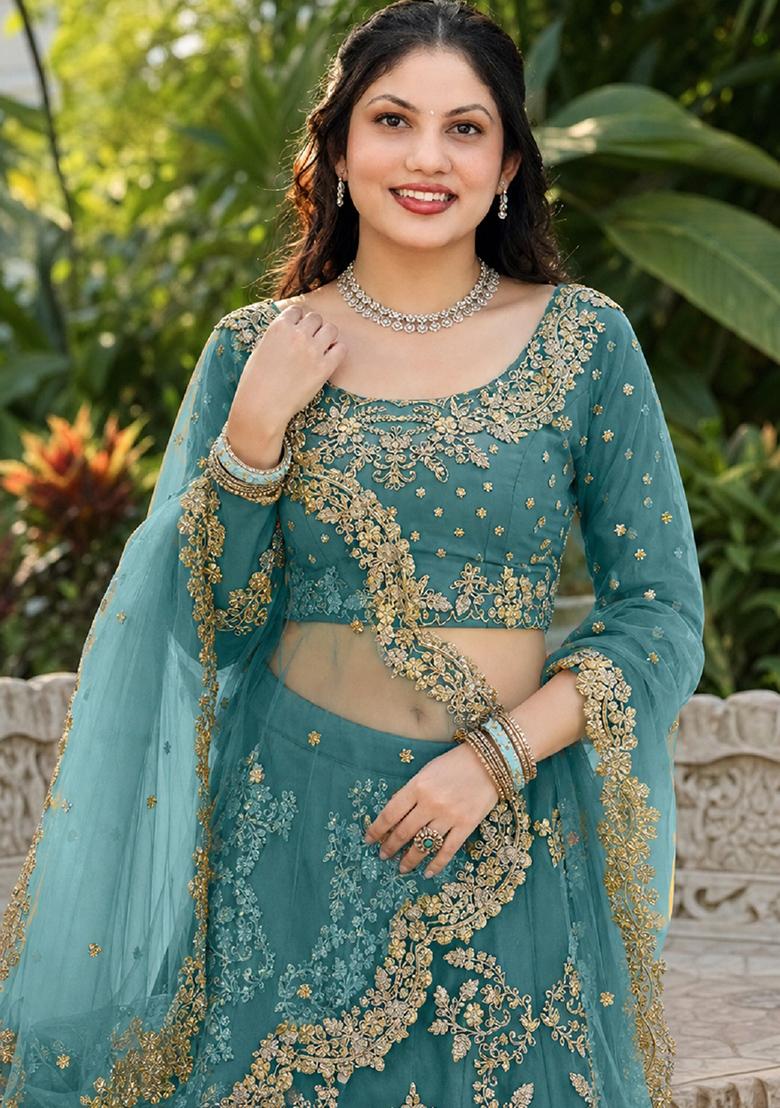 Turquoise Embroidery Net Lehenga Set - Indya