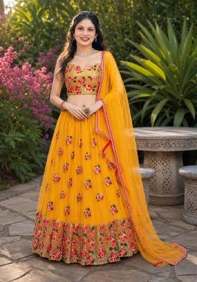 Yellow Embroidery Net Lehenga Set