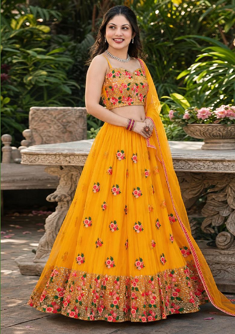 Yellow Embroidery Net Lehenga Set - Indya