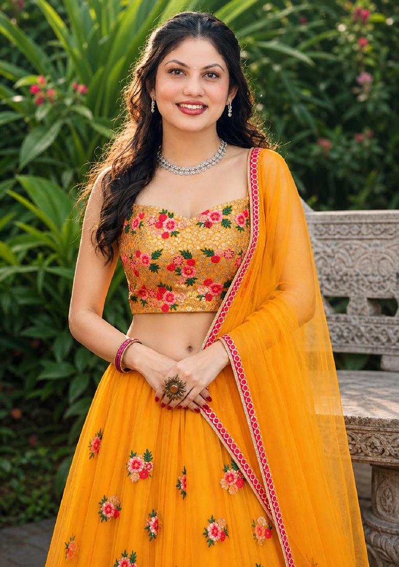 Yellow Embroidery Net Lehenga Set - Indya