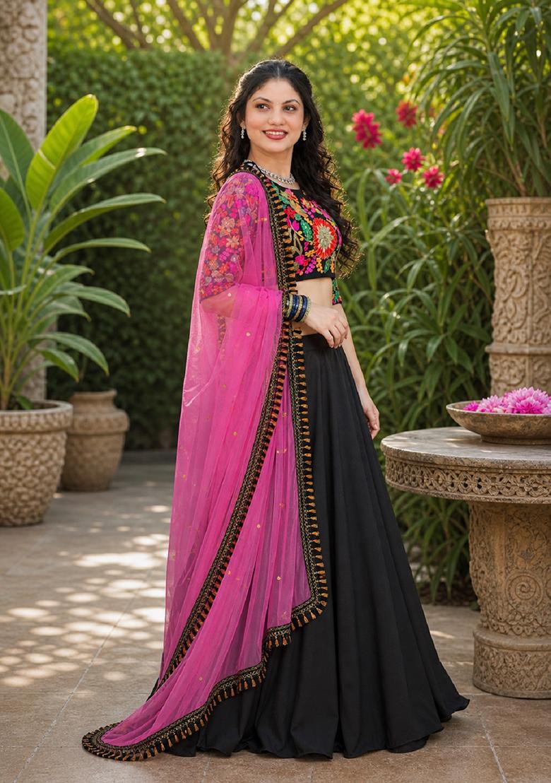 Black Embroidery Georgette Lehenga Set - Indya