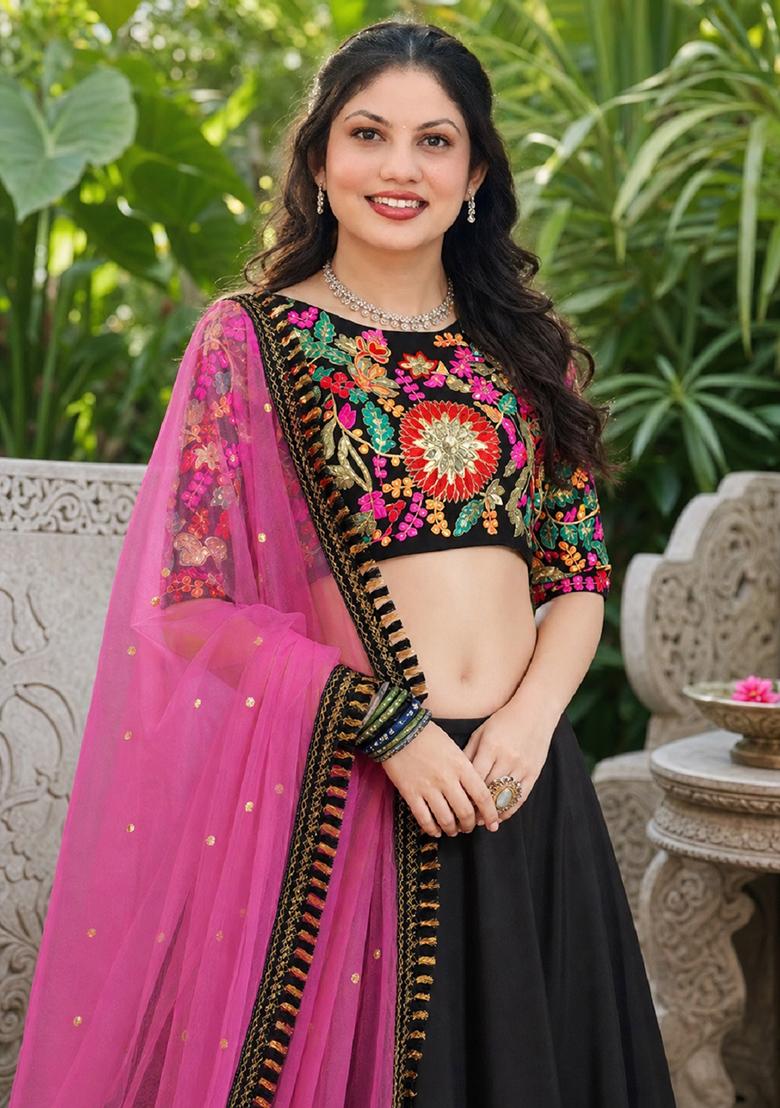 Black Embroidery Georgette Lehenga Set - Indya