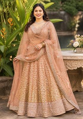 Brown Embroidery Net Lehenga Set