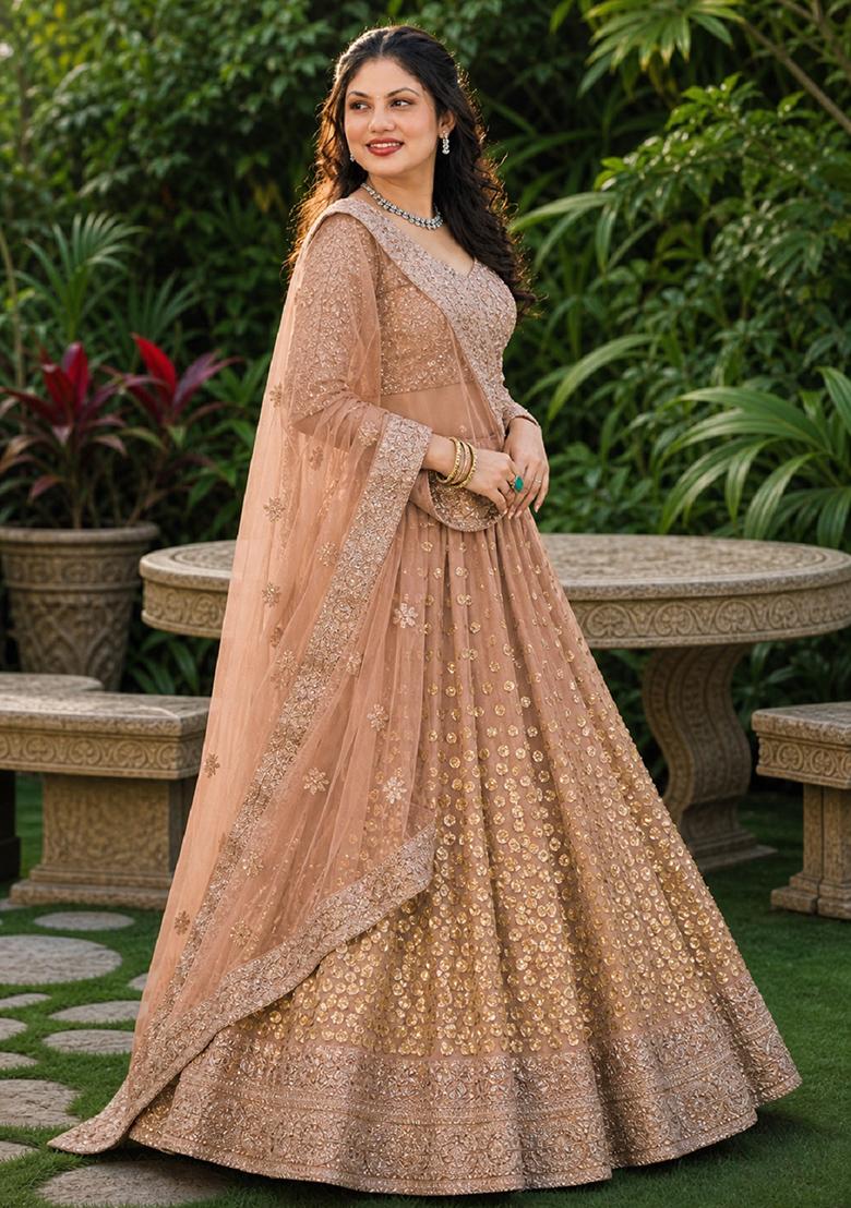 Brown Embroidery Net Lehenga Set - Indya
