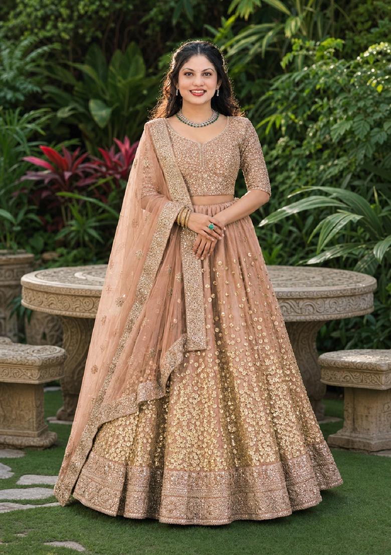 Brown Embroidery Net Lehenga Set - Indya