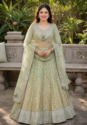 Green Embroidery Net Lehenga Set