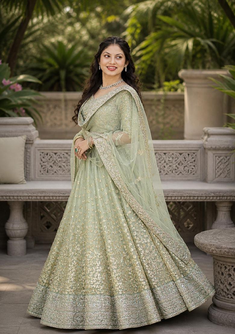 Green Embroidery Net Lehenga Set - Indya