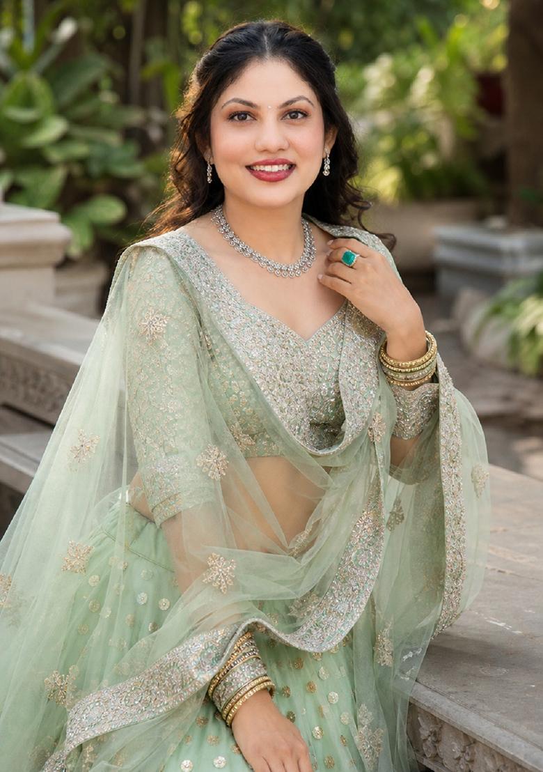 Green Embroidery Net Lehenga Set - Indya