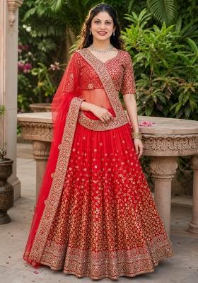 Red Embroidery Net Lehenga Set