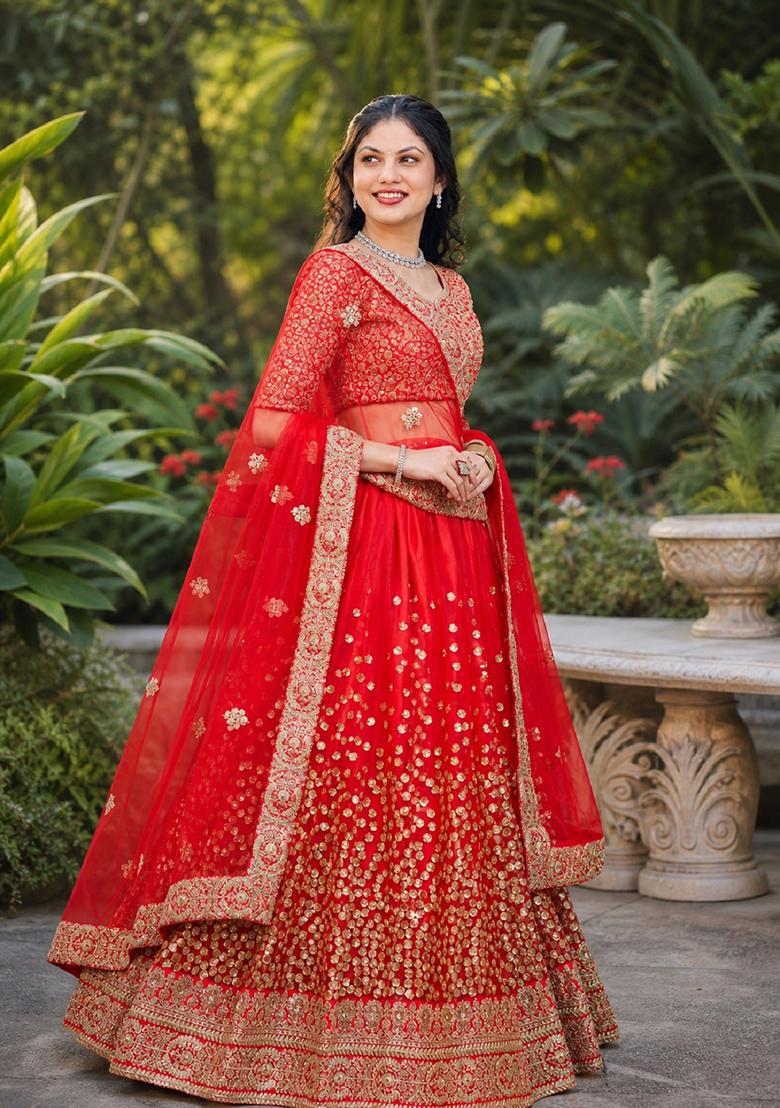 Red Embroidery Net Lehenga Set - Indya