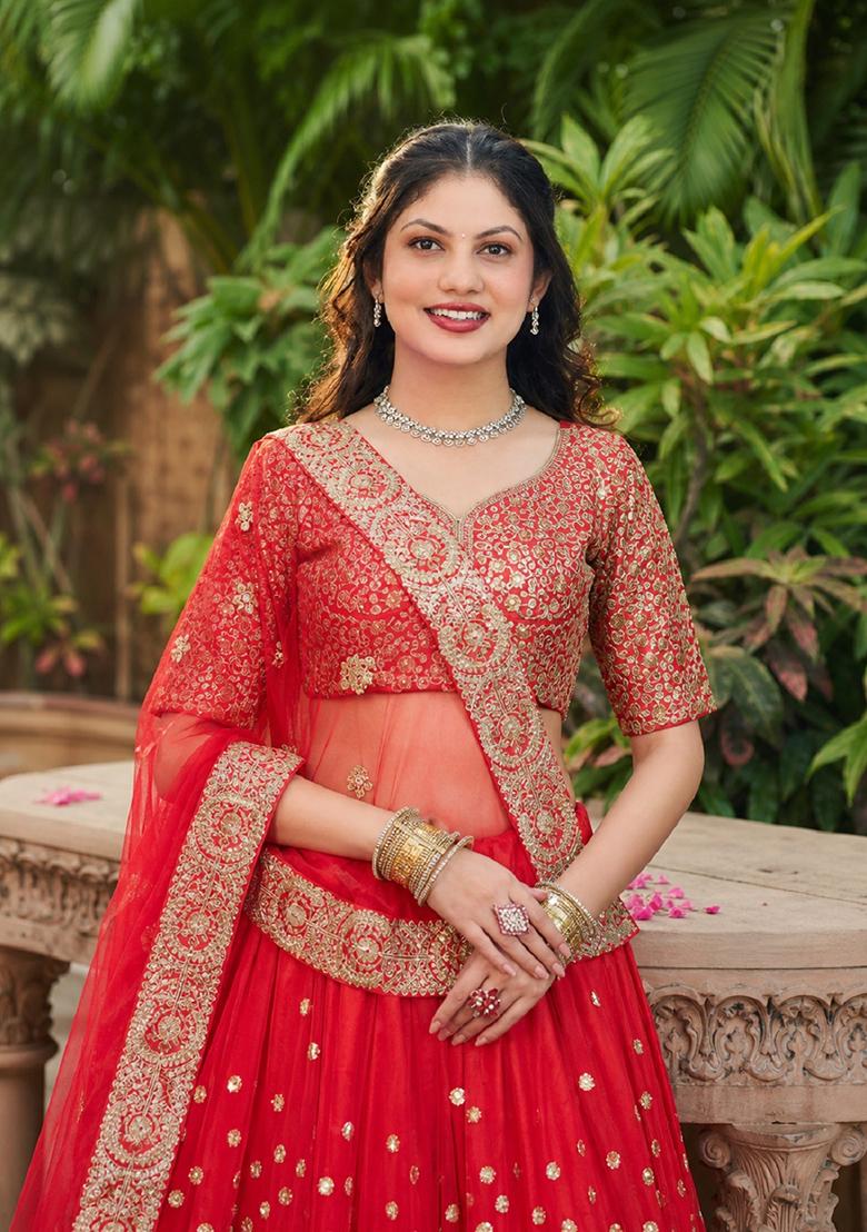 Red Embroidery Net Lehenga Set - Indya