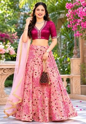 Peach Embroidery Net Lehenga Set