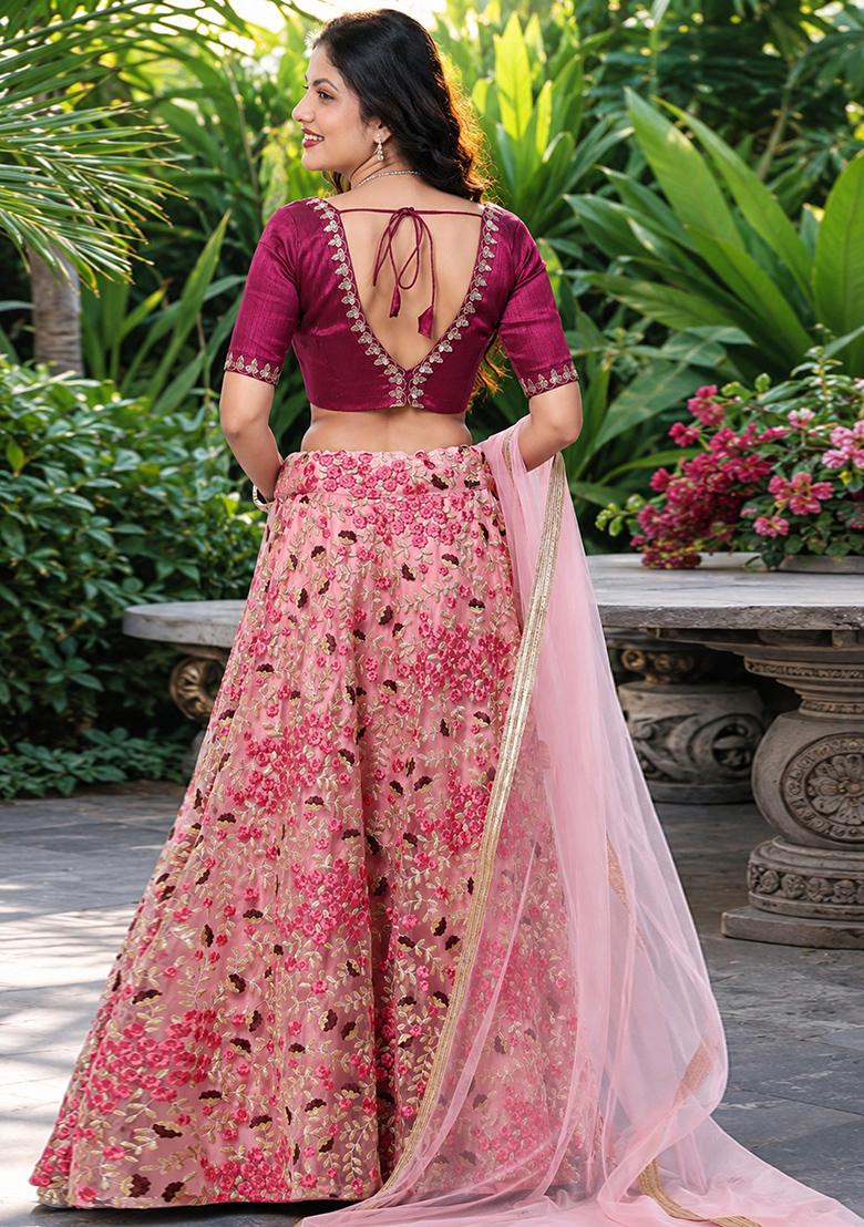 Peach Embroidery Net Lehenga Set - Indya