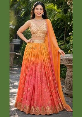 Orange Embroidery Organza Lehenga Set