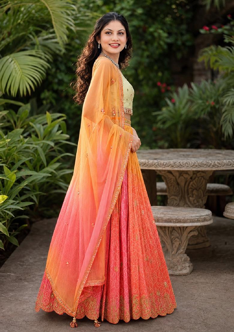 Orange Embroidery Organza Lehenga Set - Indya
