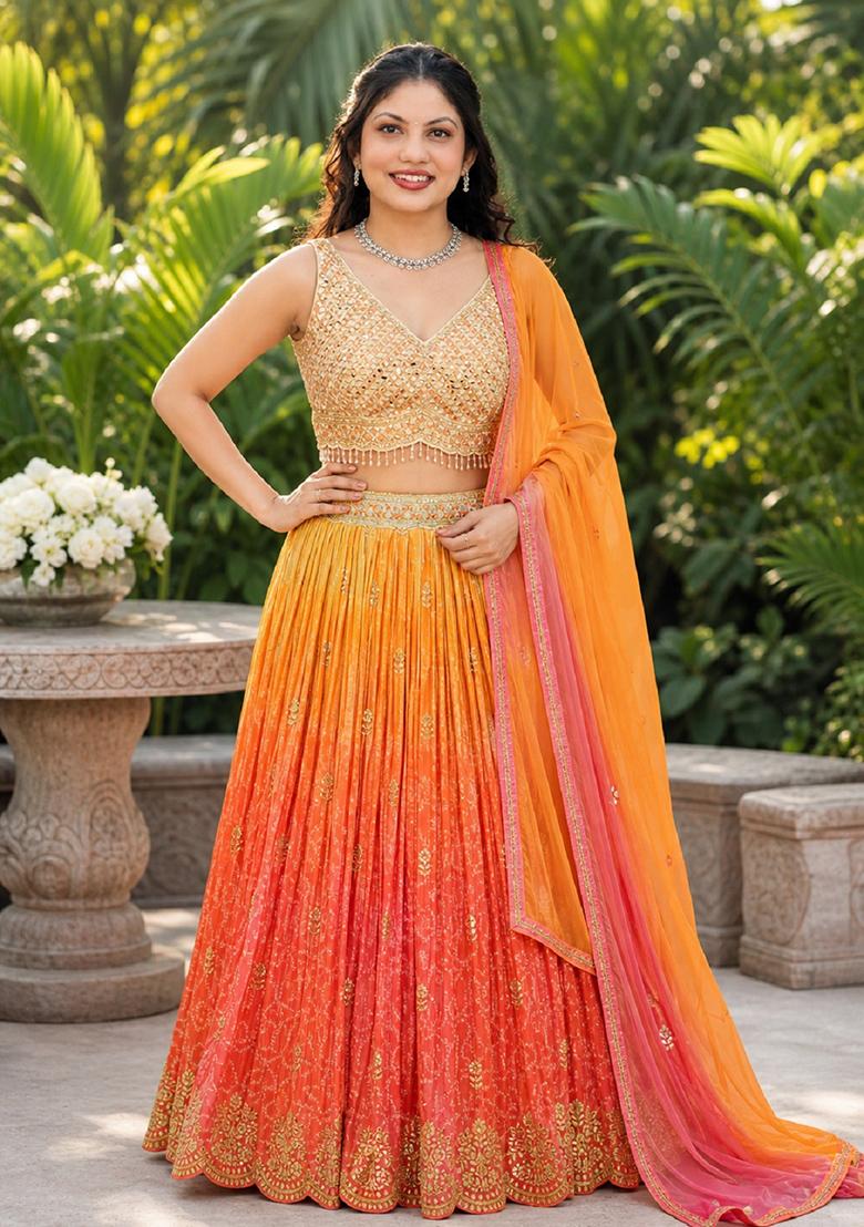 Orange Embroidery Organza Lehenga Set - Indya