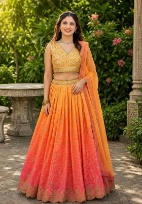 Orange Embroidery Organza Lehenga Set