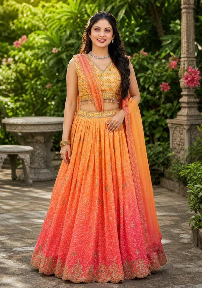 Orange Embroidery Organza Lehenga Set - Indya