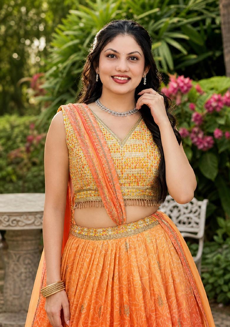 Orange Embroidery Organza Lehenga Set - Indya