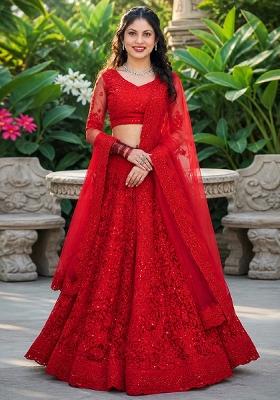 Red Embroidery Net Lehenga Set