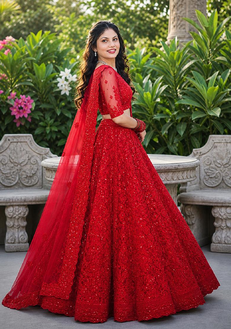 Red Embroidery Net Lehenga Set - Indya