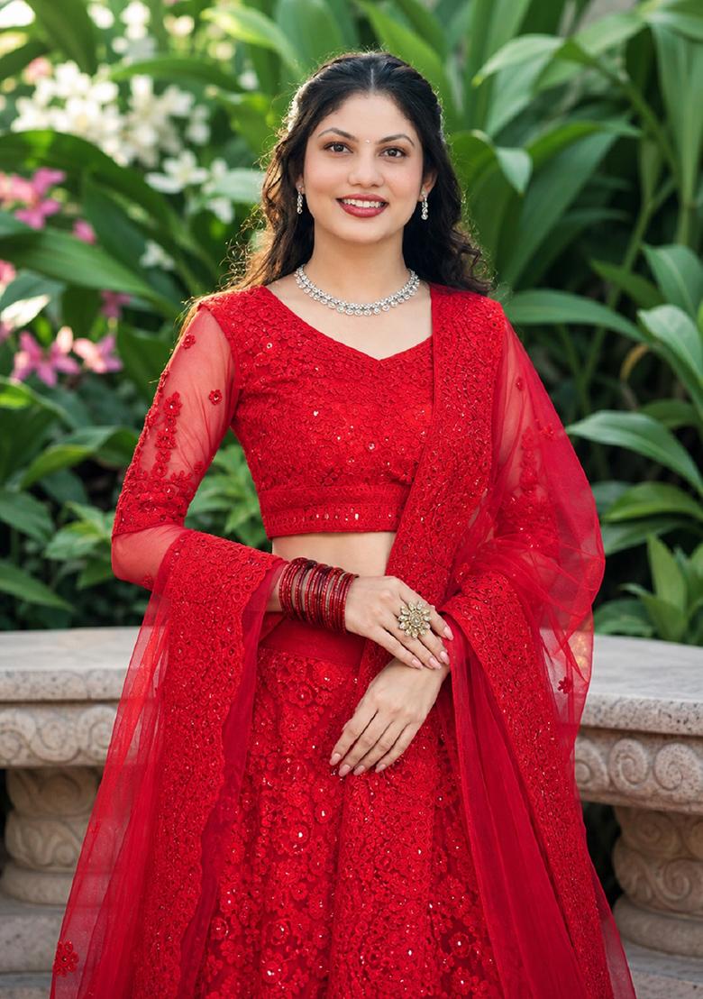 Red Embroidery Net Lehenga Set - Indya