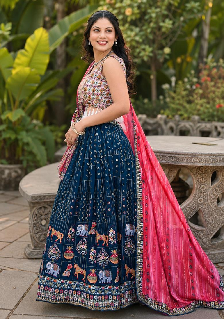 Blue Embroidery Georgette Lehenga Set - Indya