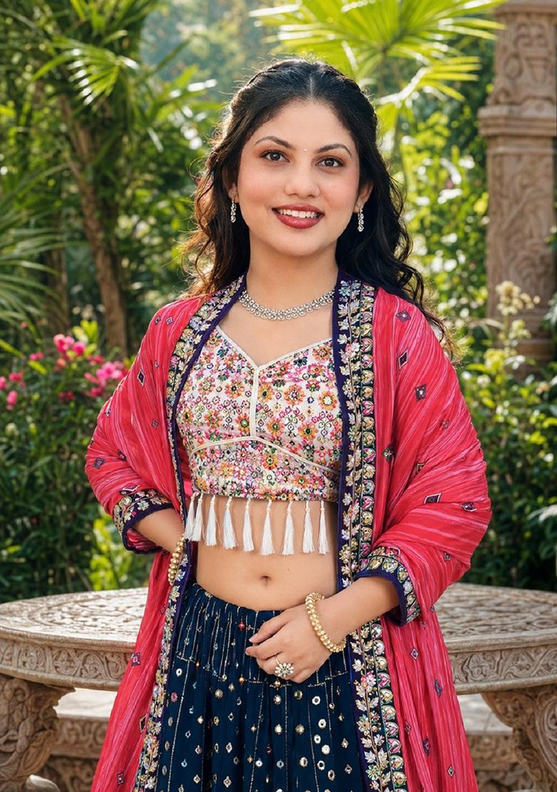 Blue Embroidery Georgette Lehenga Set - Indya